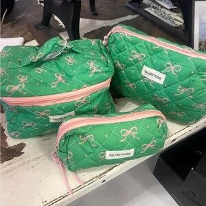 green and pink bow quilted cosmetic bag trio - the jolly house!